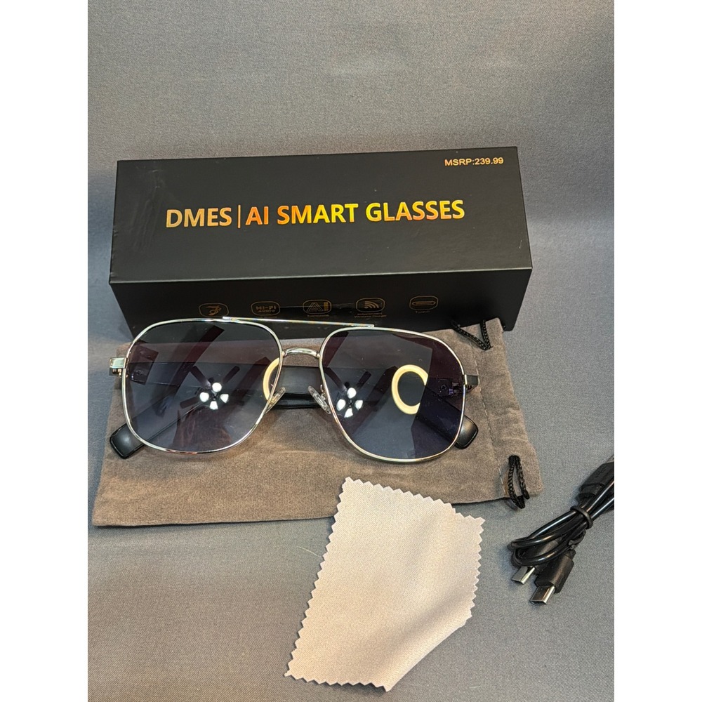 DMES AI Smart Glasses Bluetooth Audio Aviator Sunglasses Silver Frame Black